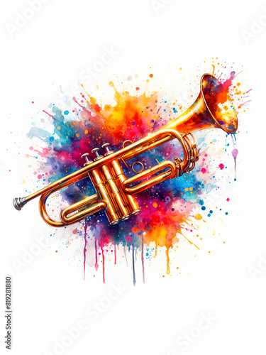 Trumpet in watercolor, musical instrument.