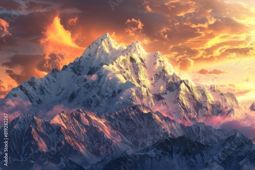 awe inspiring beauty of mountains with snow peaks at sunrise aerial view poster © Dina