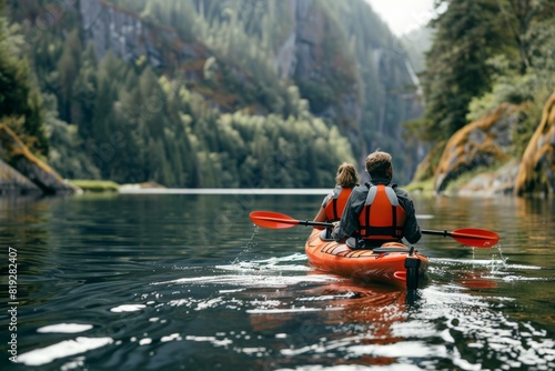 people kayaking in river gorge in between rocks and mountains paddling. Extreme sport. Travel and active lifestyle. 