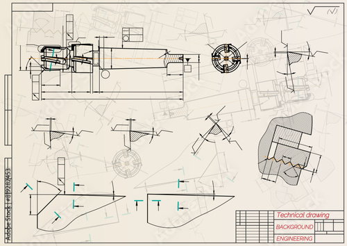 Mechanical engineering drawings on sepia background. Tap tools, borer. Technical Design. Cover. Blueprint. Vector illustration.