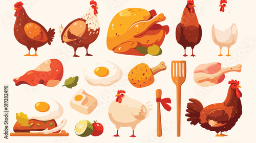 vector flat cartoon chicken meals icon set. leg qua photo