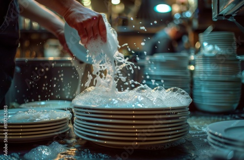 Chef Pouring Water on Plates in Kitchen