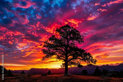 breathtaking sunset with burning orange pink clouds in sky with tree silhouette 