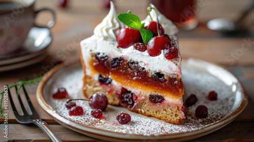 Plum fruit cake with whipped cream and coffee