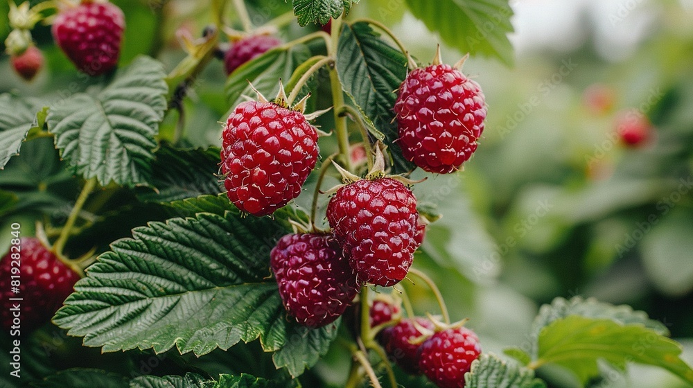 A tree laden with ripe raspberries, featuring green foliage and red berries prominently in the foreground A tree laden with ripe raspberries, featuring green foliage and red berries prominently in the foreground