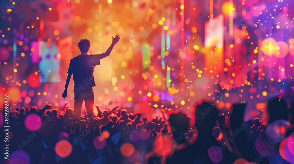 A crowded festival scene where a man stands on tiptoes, waving to get his boyfriend's attention, surrounded by a festive and colorful atmosphere. Guy waving to a boyfriend A crowded festival scene where a man stands on tiptoes, waving to get his boyfriend's attention, surrounded by a festive and colorful atmosphere. Guy waving to a boyfriend