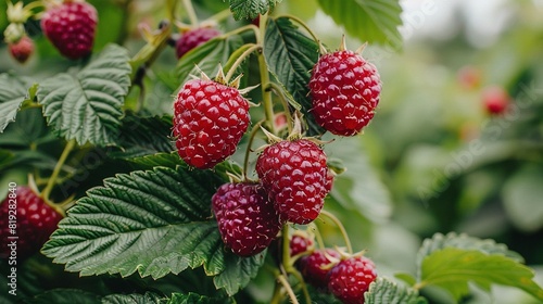   A tree laden with ripe raspberries, featuring green foliage and red berries prominently in the foreground