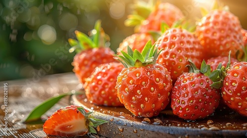  A close-up of strawberries on a plate, illuminated by sunlight filtering through nearby trees