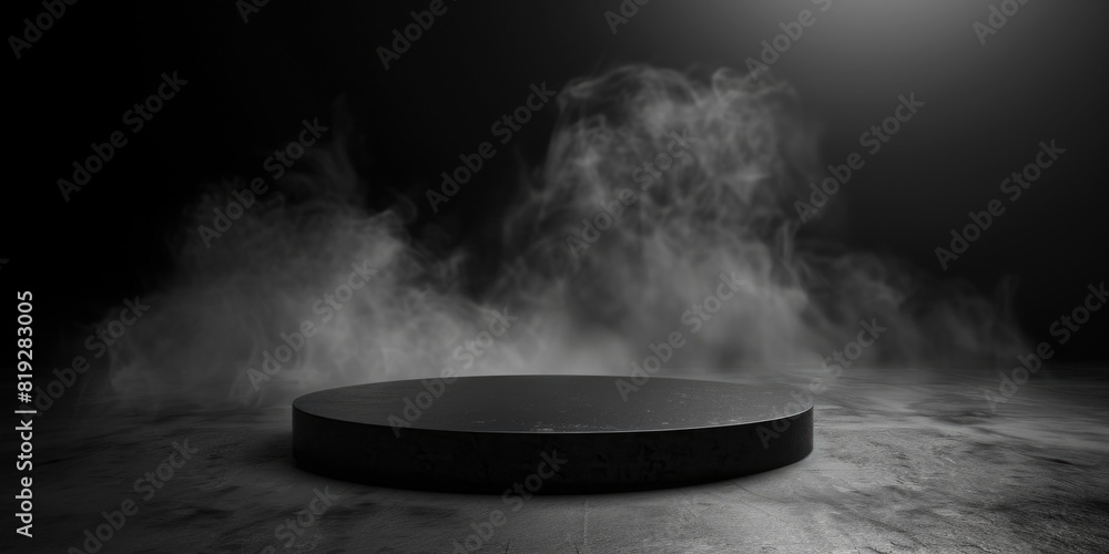 Podium black dark smoke background product platform abstract stage texture fog spotlight. Dark black floor podium Podium black dark smoke background product platform abstract stage texture fog spotlight. Dark black floor podium