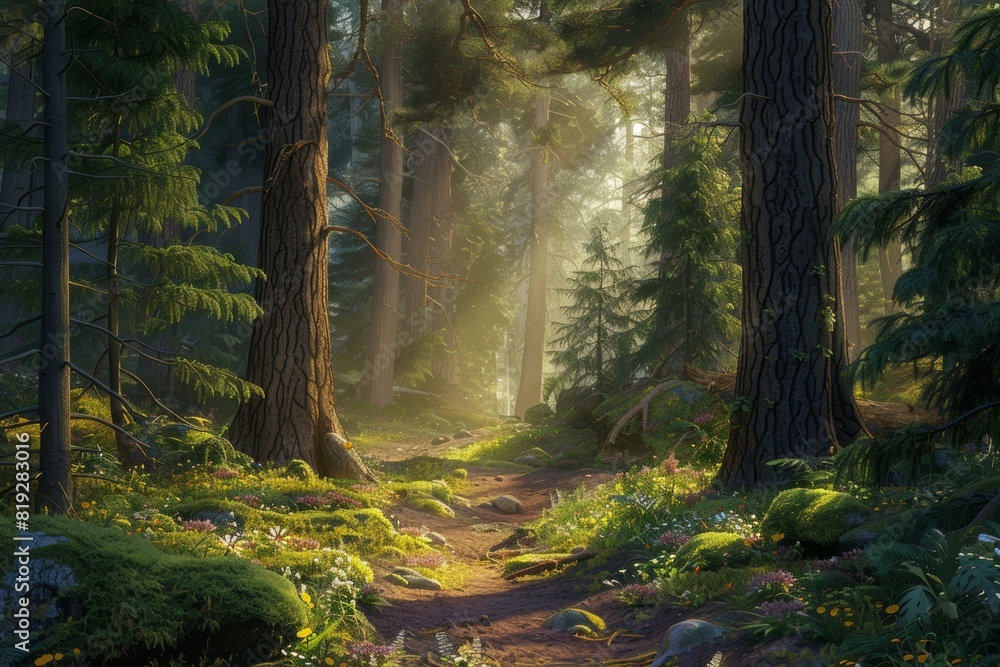 Obraz premium enchanting forest in summer with green foliage, trees and grass vegetation. Ecology and harmony with nature. Deforestation issue.