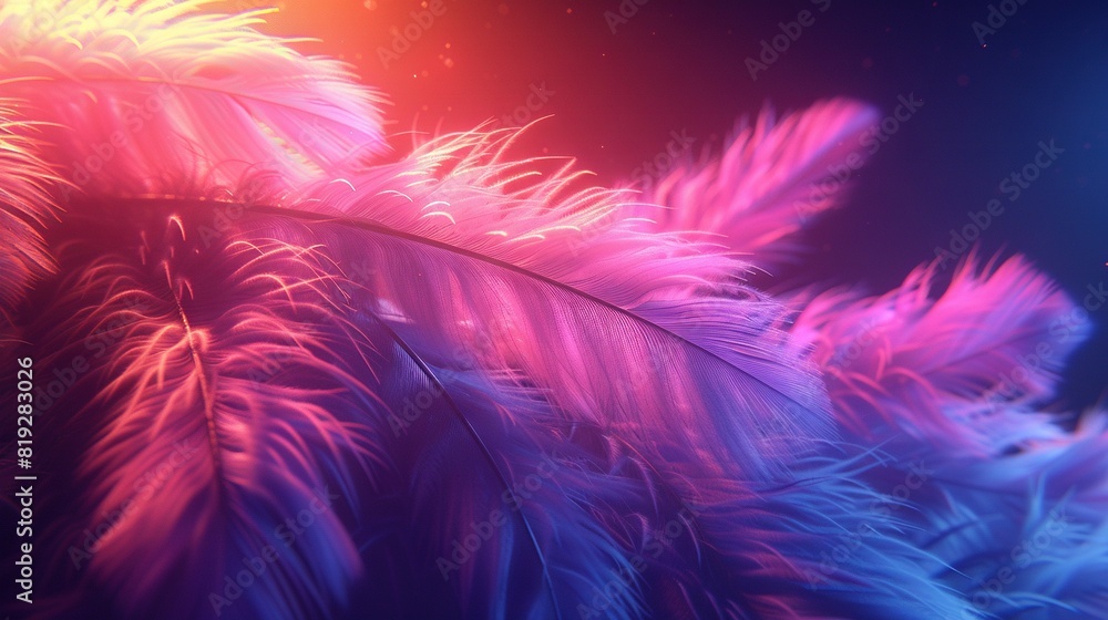 Fototapeta premium A close-up of a pink and blue feather against a black background with a red light illuminating it in the background