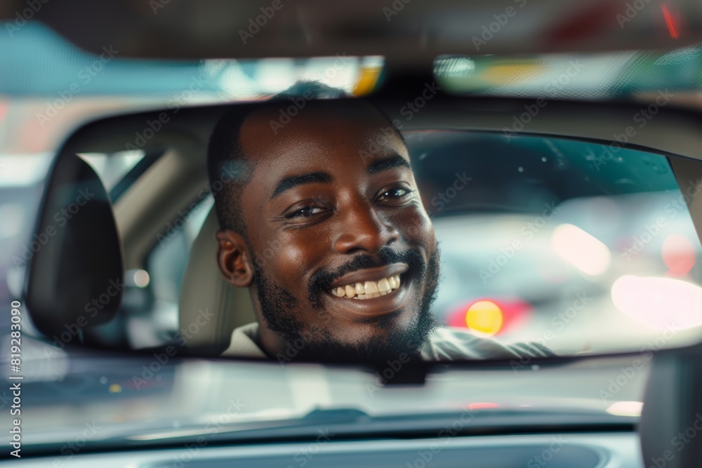 reflection of a diverse man female eyes and face in rear view mirror in a car. City traffic, modern life urban lifestyle. Taxi cab. reflection of a diverse man female eyes and face in rear view mirror in a car. City traffic, modern life urban lifestyle. Taxi cab.
