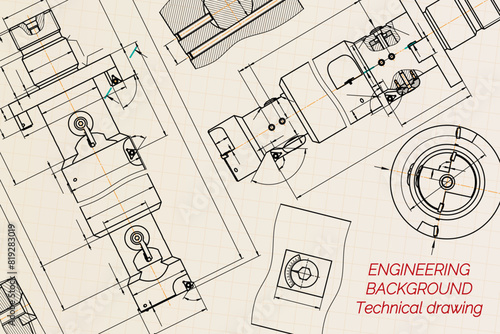 Mechanical engineering drawings on sepia background. Tap tools, borer. Technical Design. Cover. Blueprint. Vector illustration.