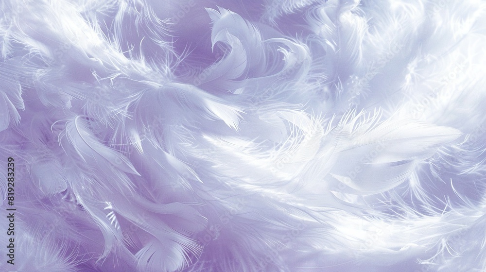 Obraz premium A detailed photo of white feathers against a mixed purple and white backdrop, with softly blurred images of the feathers