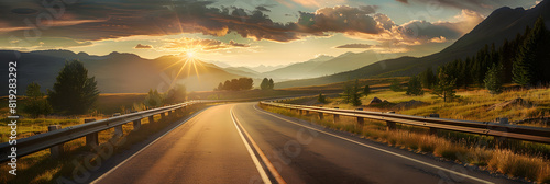 Country road and mountain in summer at sunset.