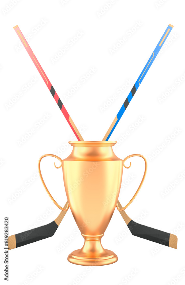 Gold trophy cup award with ice hockey sticks. 3D rendering isolated on transparent background Gold trophy cup award with ice hockey sticks. 3D rendering isolated on transparent background