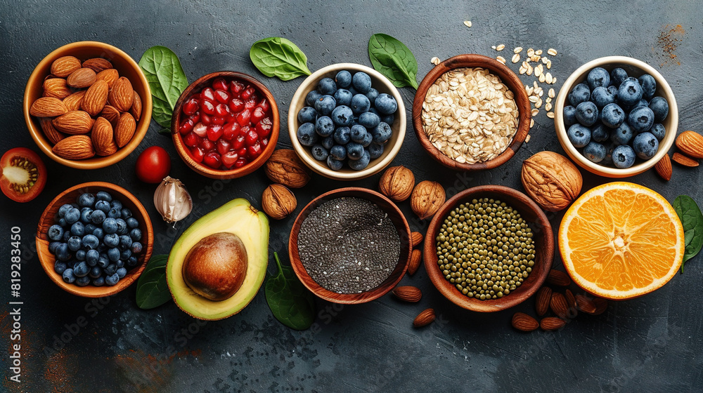 A table topped with bowls filled with various fruits and veggies alongside a bowl of nuts and an avocado A table topped with bowls filled with various fruits and veggies alongside a bowl of nuts and an avocado