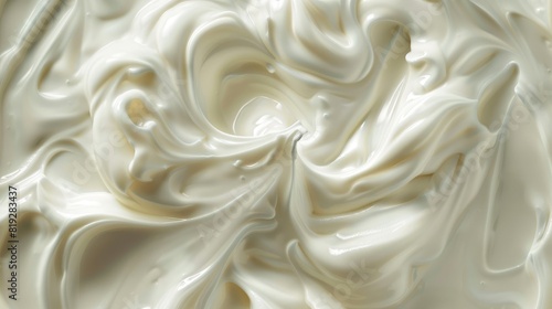 Close up of white natural creamy vanilla yogurt. Top view. photo