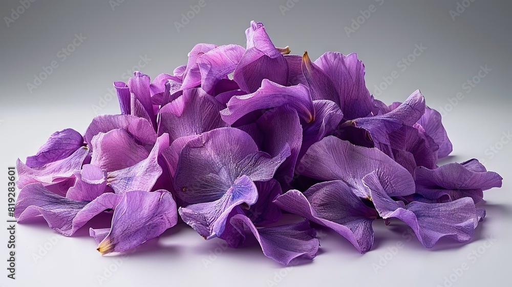 A purple pile of flowers rests atop a white table, near a monochrome photo of a feline A purple pile of flowers rests atop a white table, near a monochrome photo of a feline