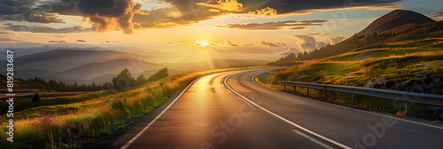 Country road and mountain in summer at sunset.