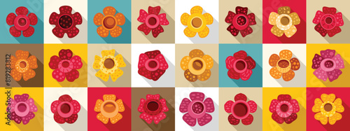 Rafflesia flat vector icons. A colorful array of flowers in a grid pattern. The flowers are of various sizes and colors, including red, yellow, and orange. Concept of vibrancy and diversity photo
