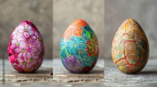  A trio of colored eggs rests atop a wooden table beside one another