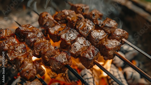 Grilled meat on wooden sticks over an open fire, kebabs in the style of Chinese style with beef and lamb closeup, selective focus. Close up of some meat skewers being grilled in a barbecue. photo