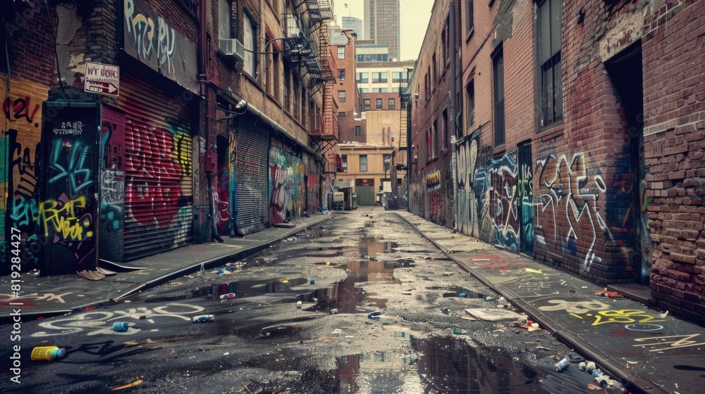 Fototapeta premium Poor neighborhood, walls covered in graffiti, dirty street