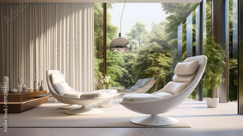 A sleek white swivel chair with a metal base, situated in a minimalist living room with a large floor-to-ceiling window. photo