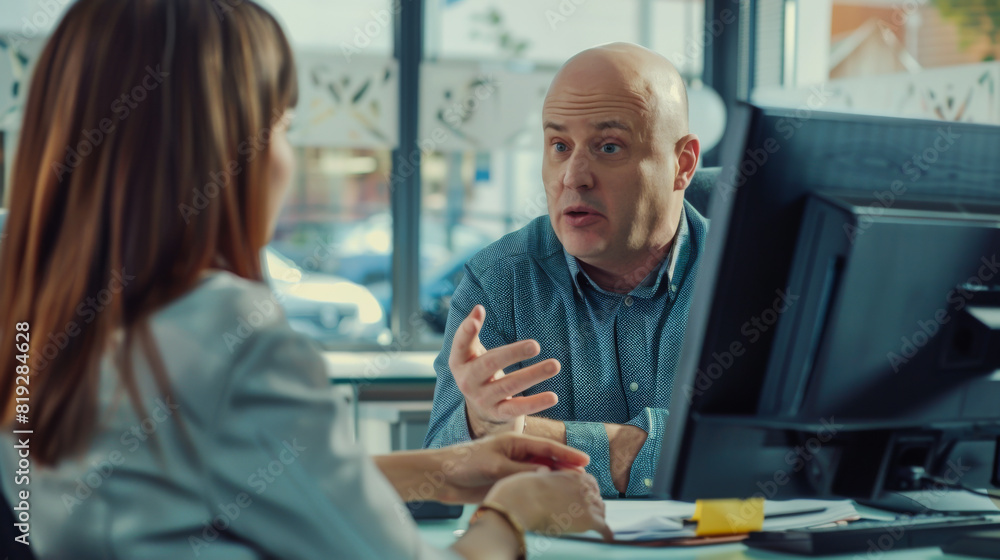 a realistic photograph of a balding, cocky, arrogant, gloating middle-aged car salesman negotiating with a confused-looking female customer in her 30s. a realistic photograph of a balding, cocky, arrogant, gloating middle-aged car salesman negotiating with a confused-looking female customer in her 30s.