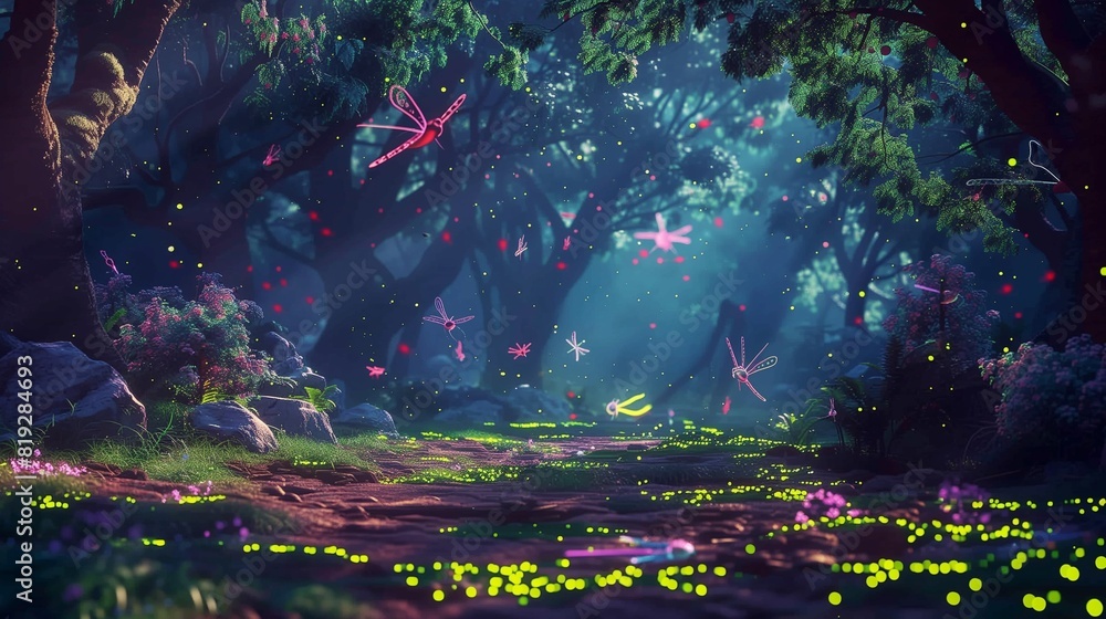 An enchanted glen bathed in the ethereal light of neon fireflies, their delicate wings casting patterns of light upon the forest floor.