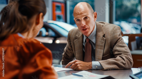 a realistic photograph of a balding, cocky, arrogant, gloating middle-aged car salesman negotiating with a confused-looking female customer in her 30s. photo