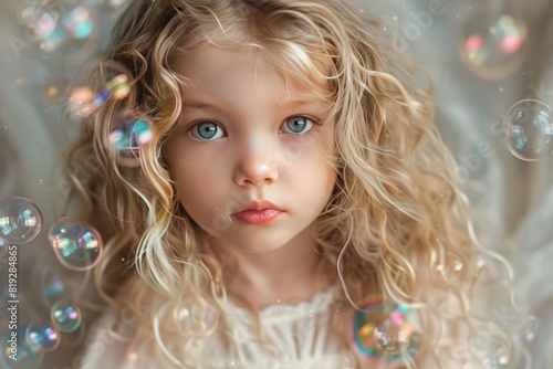 Portrait of a beautiful little girl with blond curly hair with soap bubbles
