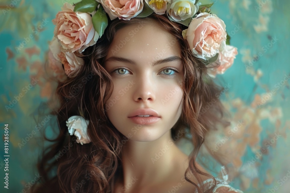 Portrait of a beautiful young woman with flowers in her hair. Portrait of a beautiful young woman with flowers in her hair.