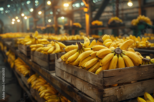 The harvested bananas are packed in wooden boxes on the sorting line  ready for distribution at a bustling plantation during the peak of the harvest season