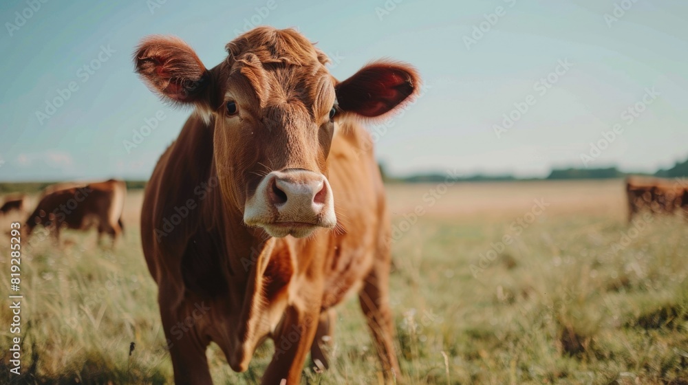 Portrait of a brown cow in the fields.