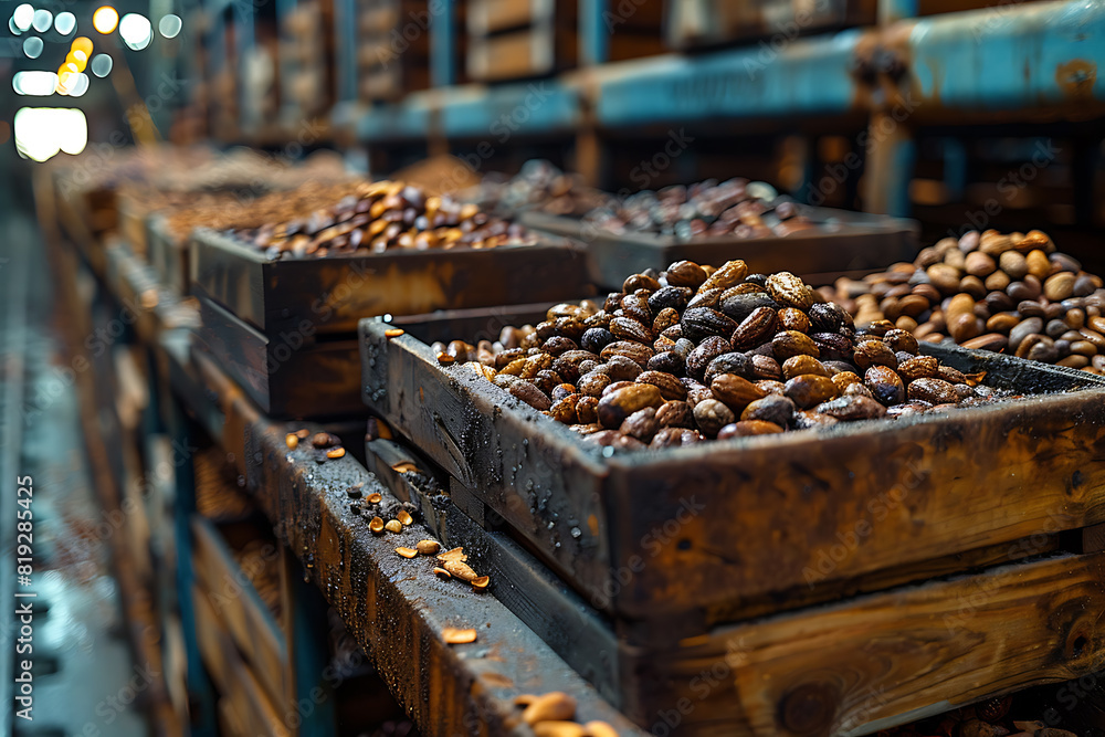 The harvested cacao pods are packed in wooden boxes on the sorting line, ready for distribution at a bustling plantation during the peak of the harvest season The harvested cacao pods are packed in wooden boxes on the sorting line, ready for distribution at a bustling plantation during the peak of the harvest season