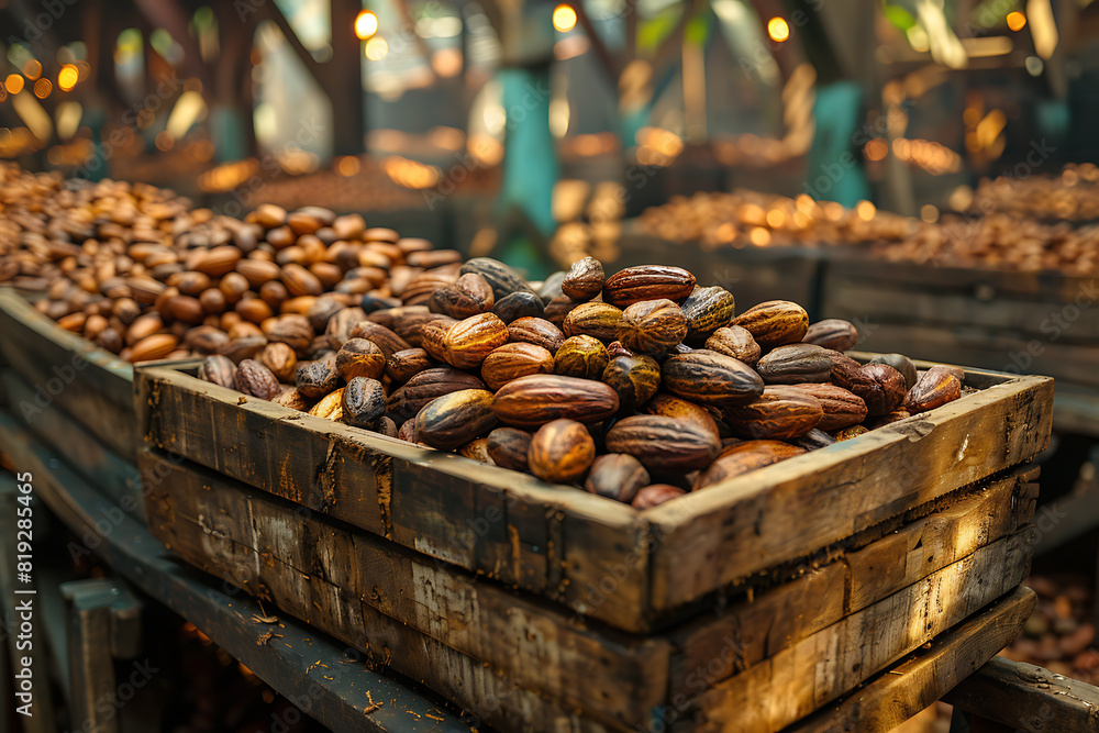 The harvested cacao pods are packed in wooden boxes on the sorting line, ready for distribution at a bustling plantation during the peak of the harvest season The harvested cacao pods are packed in wooden boxes on the sorting line, ready for distribution at a bustling plantation during the peak of the harvest season