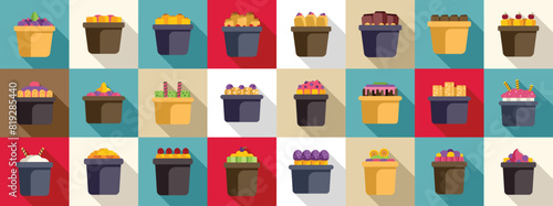 Stir fried ice cream flat vector icons. A row of colorful potted plants with various types of food in them. The plants are arranged in a grid pattern, with some being closer together and others