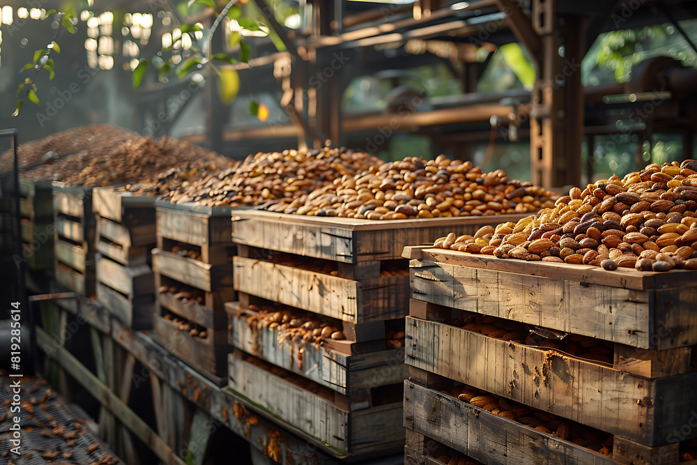 The harvested cacao pods are packed in wooden boxes on the sorting line, ready for distribution at a bustling plantation during the peak of the harvest season The harvested cacao pods are packed in wooden boxes on the sorting line, ready for distribution at a bustling plantation during the peak of the harvest season