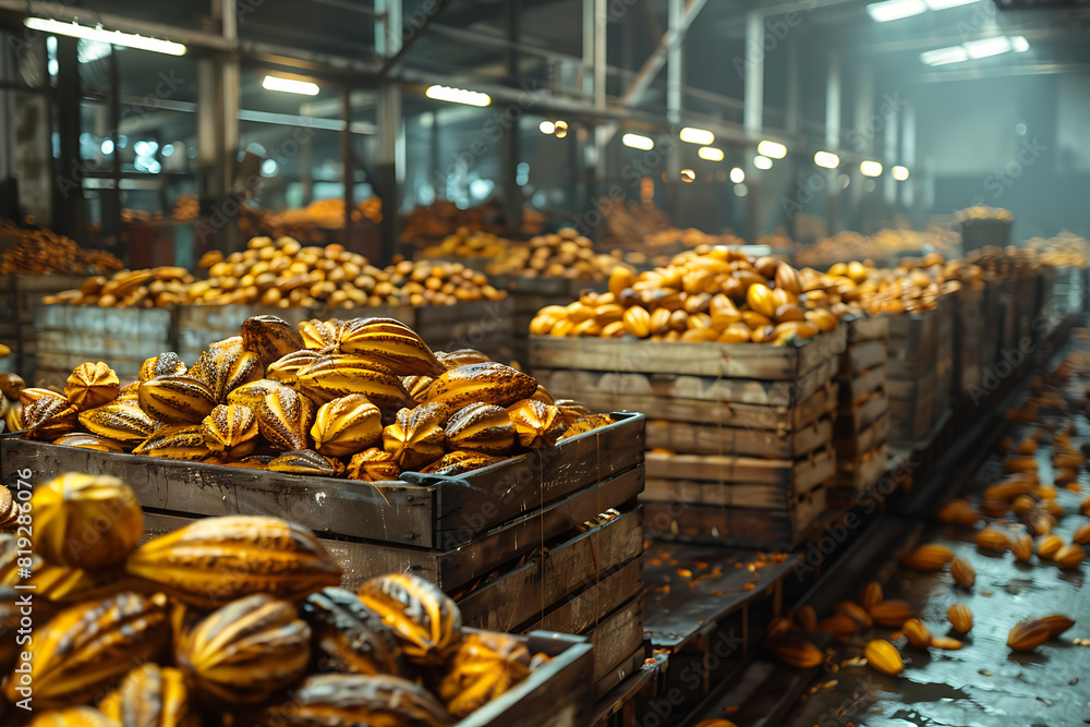 The harvested cacao pods are packed in wooden boxes on the sorting line, ready for distribution at a bustling plantation during the peak of the harvest season The harvested cacao pods are packed in wooden boxes on the sorting line, ready for distribution at a bustling plantation during the peak of the harvest season