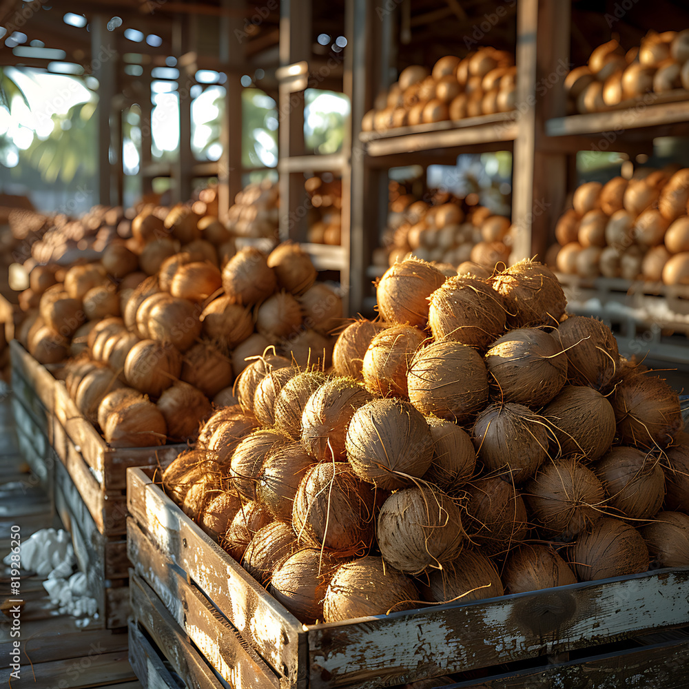 The harvested coconuts are packed in wooden boxes on the sorting line, ready for distribution at a bustling farm during the peak of the harvest season The harvested coconuts are packed in wooden boxes on the sorting line, ready for distribution at a bustling farm during the peak of the harvest season