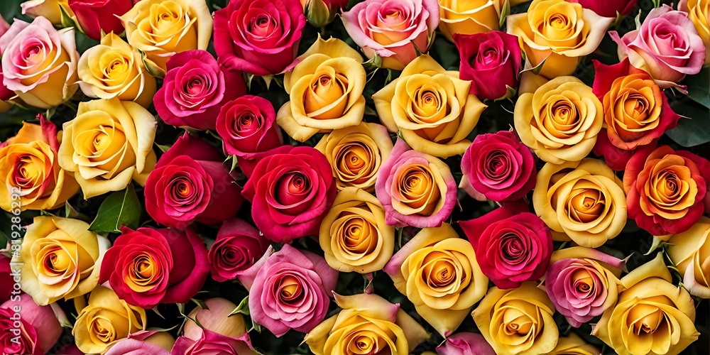 Vibrant Roses Close-Up: Red, Yellow, Pink Roses Background, Colorful Floral Display, Floral Beauty and Elegance. Vibrant Roses Close-Up: Red, Yellow, Pink Roses Background, Colorful Floral Display, Floral Beauty and Elegance.