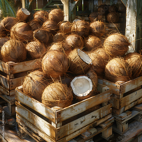 The harvested coconuts are packed in wooden boxes on the sorting line, ready for distribution at a bustling farm during the peak of the harvest season