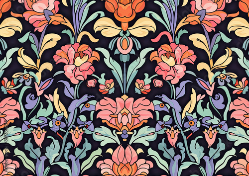 artistic decorative flowers and leave in art nouveau vintage style with retro colors tone for fabric pattern background