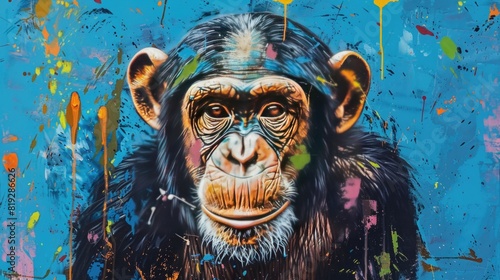 Portrait of a chimpanzee oil color painting on a blue background with colorful splashes.