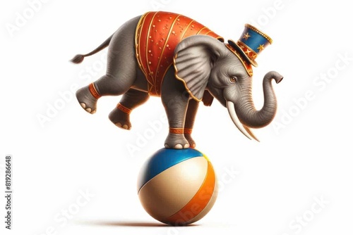A circus elephant balancing on a ball Isolated on white background