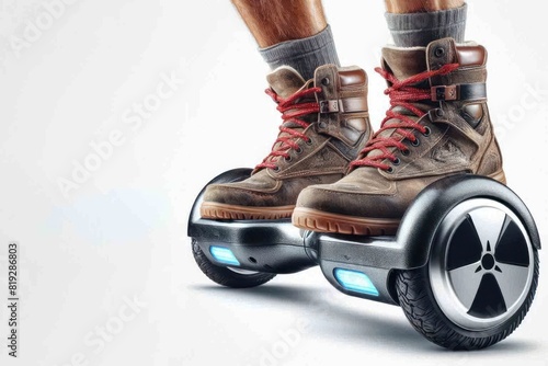 Close up A man leg rides a hoverboard close-up Isolated on white background photo