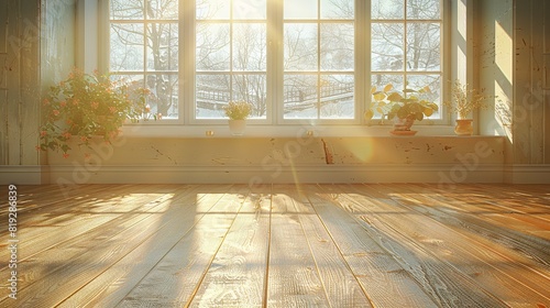  Sunlight enters the room via a window, illuminating a wooden floor and adorning the sill with potted plants