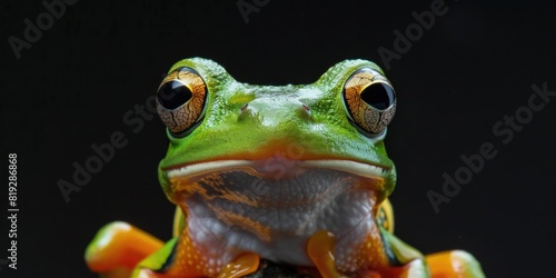 Portrait of a frog photo studio set up with key light  isolated with black background and copy space.